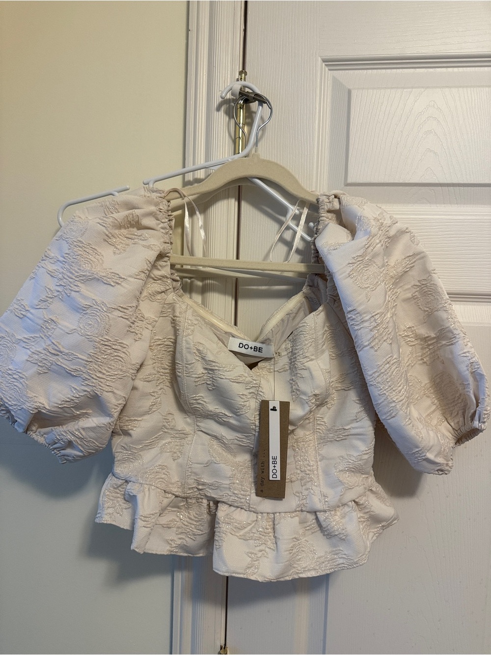 DO+BE Cream Embellished Textured Crop Top with Puff Detail